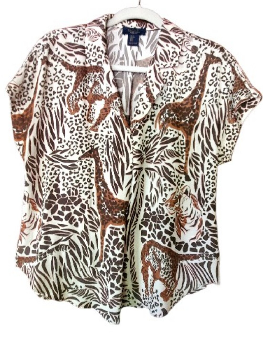 Rachel Roy Animal Print Cap Sleeve V Neck Blouse Small Like New Tan/Brn/Pink